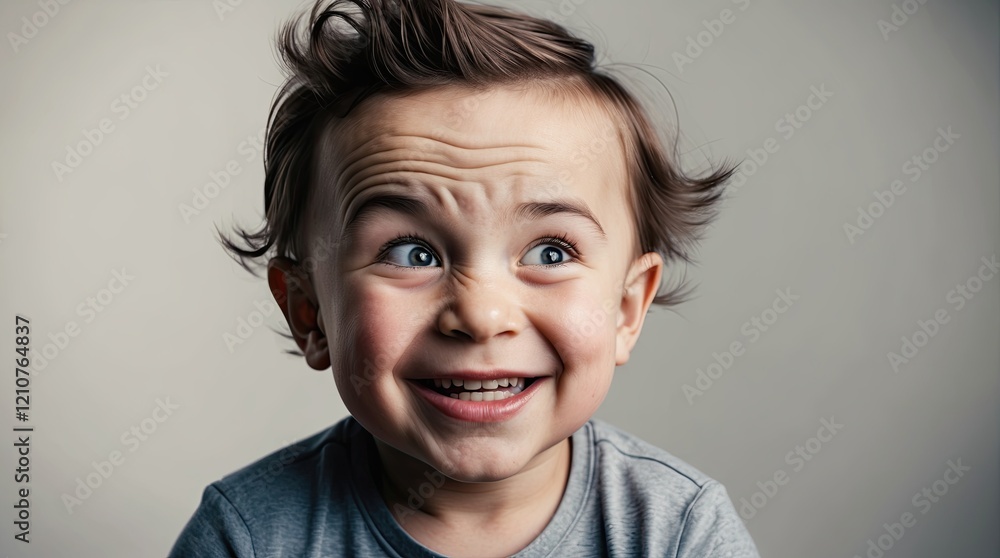 Joyful Child with Playful Expression on Grey Background Joyful Child with Playful Expression on Grey Background