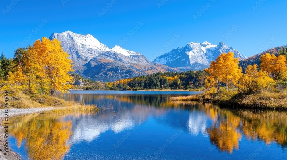 Autumnal lake reflecting snow-capped mountains; scenic landscape for travel brochures (1) Autumnal lake reflecting snow-capped mountains; scenic landscape for travel brochures (1)