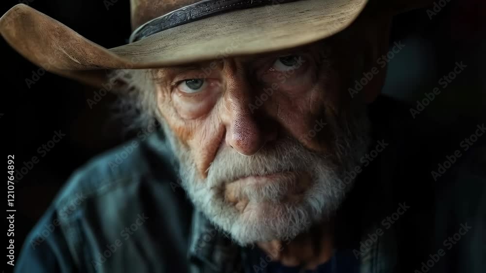 Intense closeup of a contemplative elderly man in a cowboy hat Intense closeup of a contemplative elderly man in a cowboy hat
