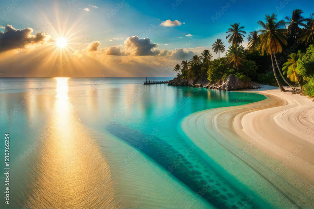 Obraz premium Tropical island beach. Palm trees destination landscape. Tranquil sea, vacation seascape, summer relax travel