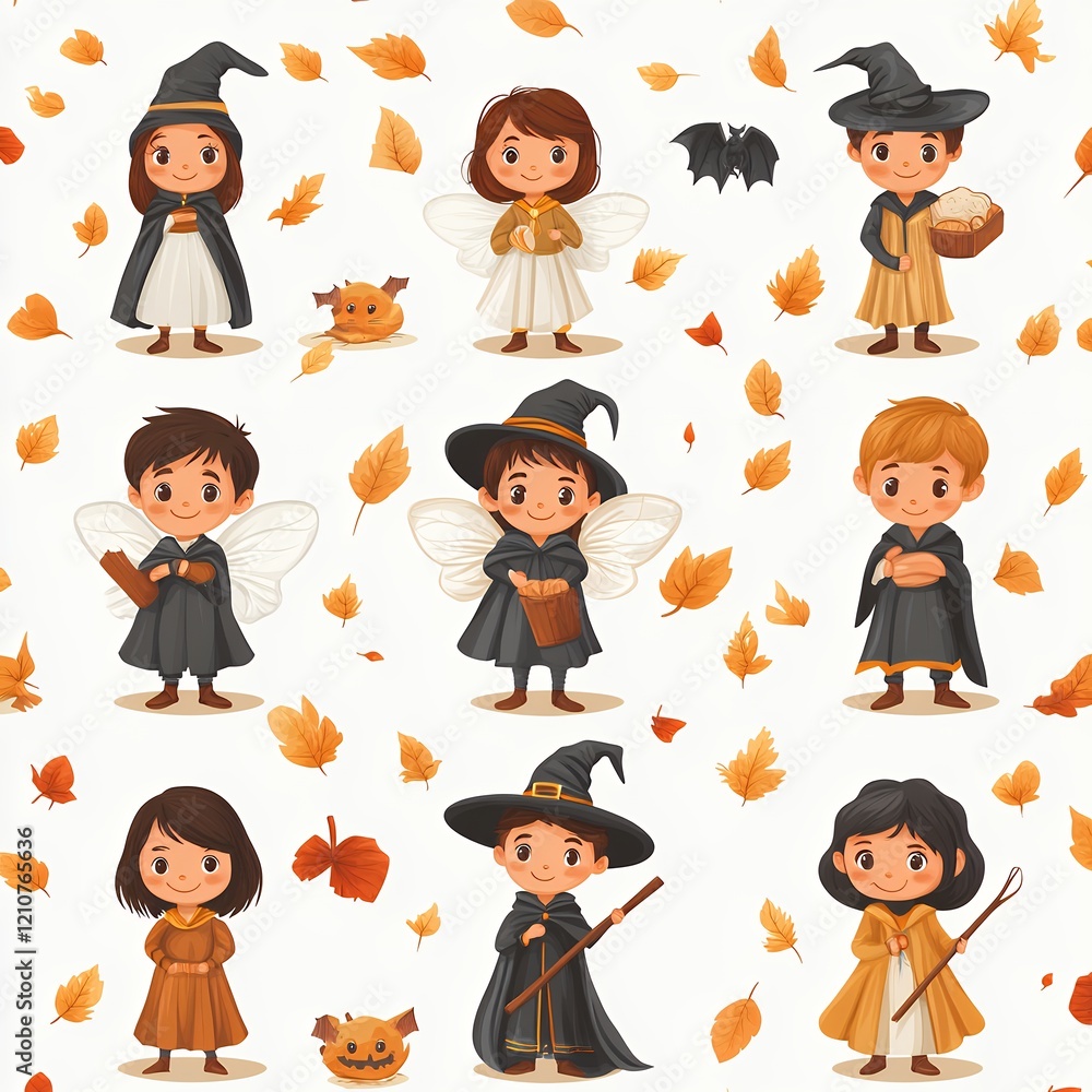 Colorful Collection of Children Dressed as Halloween Characters Surrounded by Autumn Leaves Showcasing Festive Spirit Colorful Collection of Children Dressed as Halloween Characters Surrounded by Autumn Leaves Showcasing Festive Spirit