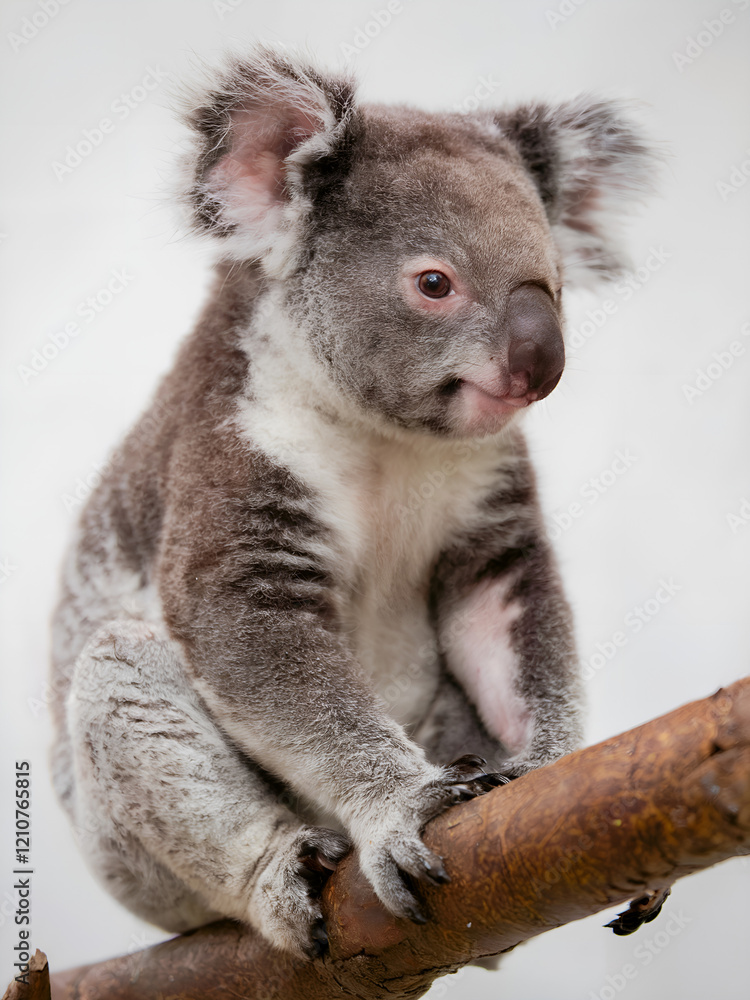 Naklejka premium Portrait of a cute baby koala. A poster with white background. Nursery printable Wall Art Decor. Animal character print for kids room