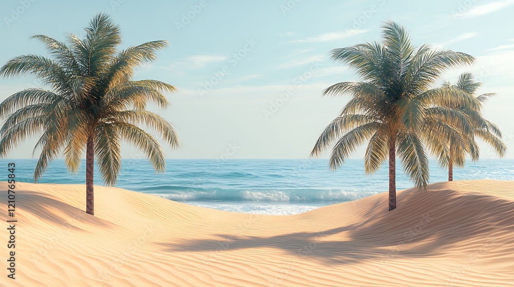 Palm Trees Stand Majestically on Sandy Beach Overlooking Calm Ocean Waves Under a Bright Blue Sky During a Serene Afternoon Palm Trees Stand Majestically on Sandy Beach Overlooking Calm Ocean Waves Under a Bright Blue Sky During a Serene Afternoon