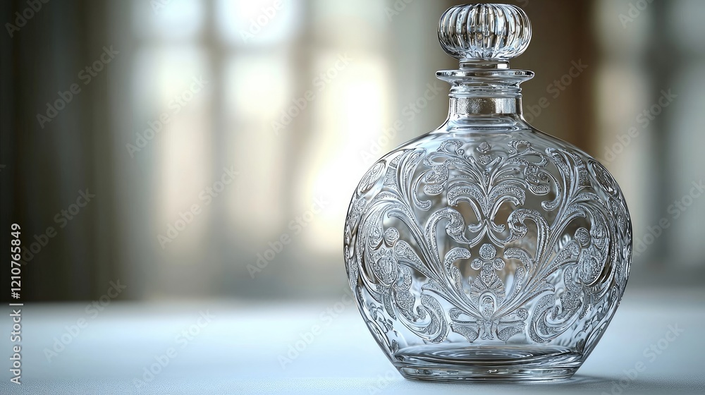 Elegant crystal perfume bottle with intricate designs placed on a table, soft natural light filtering through a window Elegant crystal perfume bottle with intricate designs placed on a table, soft natural light filtering through a window