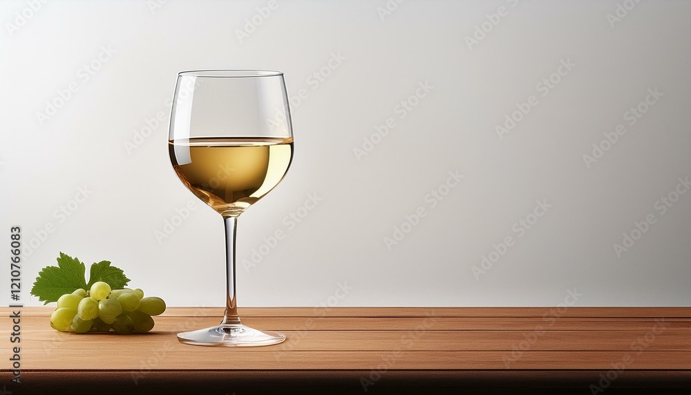 A glass of white wine on a wooden table next to a bunch of green grapes. The background is plain white, creating a clean and minimalist look. Ample copy space is available for text or design elements.