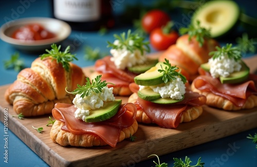 Variety of tasty aperitifs. Croissant sandwiches with jamon ham serrano paleta iberica blue cheese avocado microgreens. Delicious snacks arranged on wooden board. Appetizers perfect for tapas photo