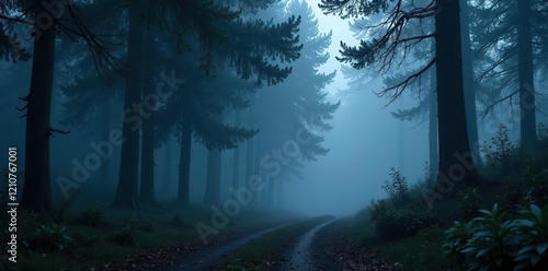 Dark forest with misty fog swirling around ancient trees, foggy woods, wilderness, twilight