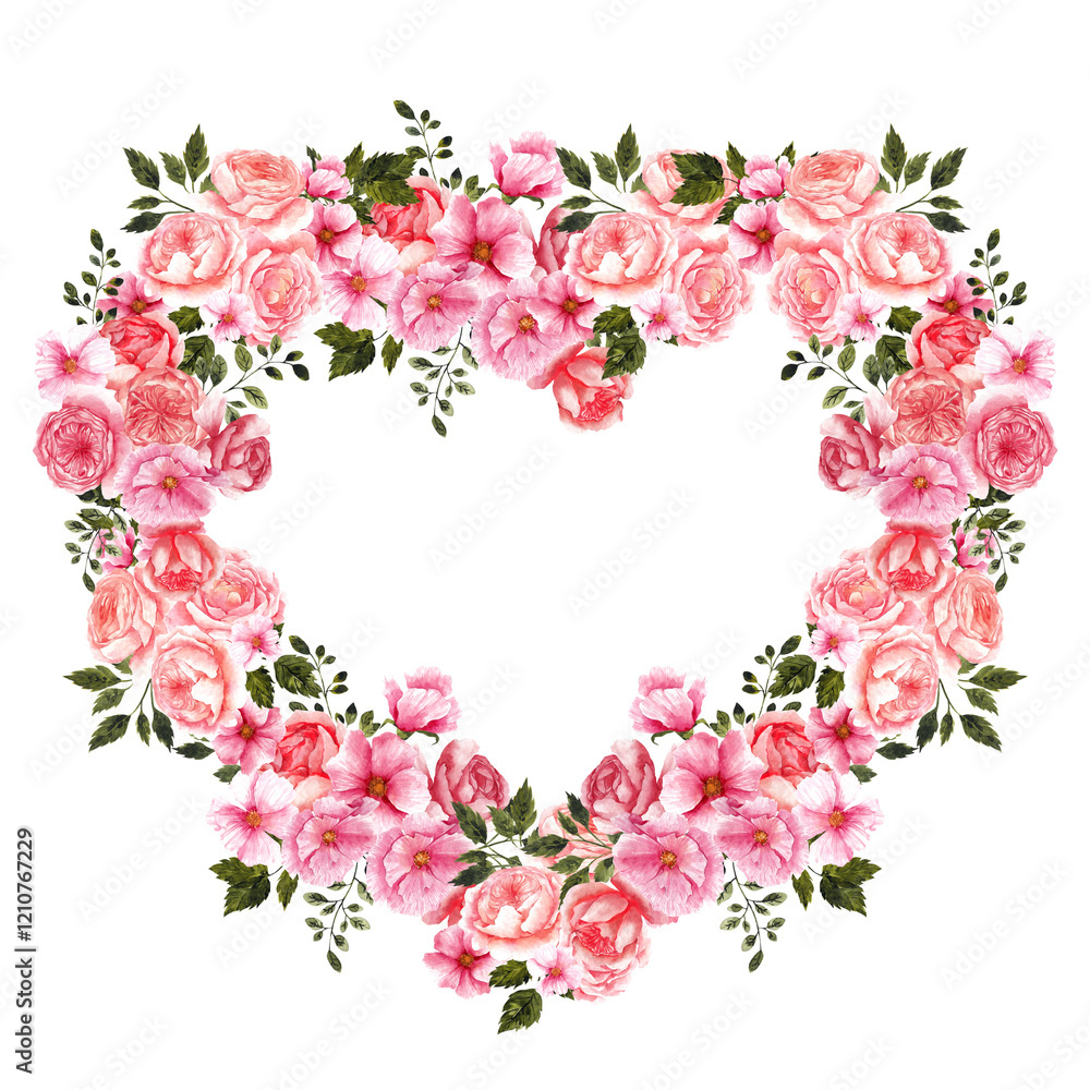 Watercolor hand draw Valentines day wreath with pink and red flowers, isolated on white background Watercolor hand draw Valentines day wreath with pink and red flowers, isolated on white background
