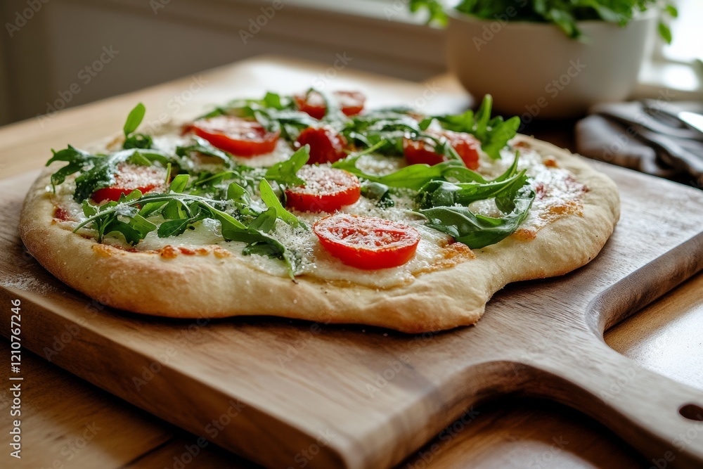 Arugula and tomato pizza displayed on a wooden board, combining freshness and rustic charm. Arugula and tomato pizza displayed on a wooden board, combining freshness and rustic charm.