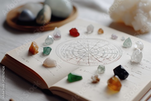 Mystical stones encircle an astrological chart on an open book, creating an atmosphere of ancient wisdom and cosmic inquiry.