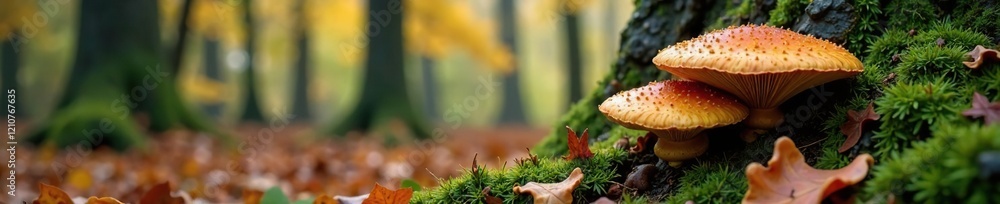 Fototapeta premium Autumn forest with growing fungi on trees trunk, mycelium, woodland
