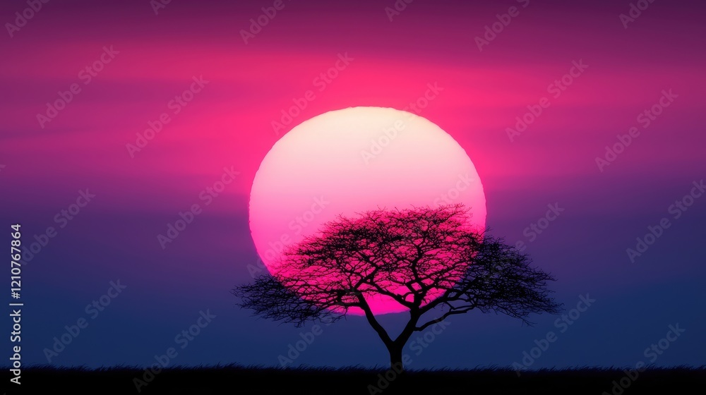 Pink sunset over savanna, lone tree silhouette; serene nature scene for design Pink sunset over savanna, lone tree silhouette; serene nature scene for design