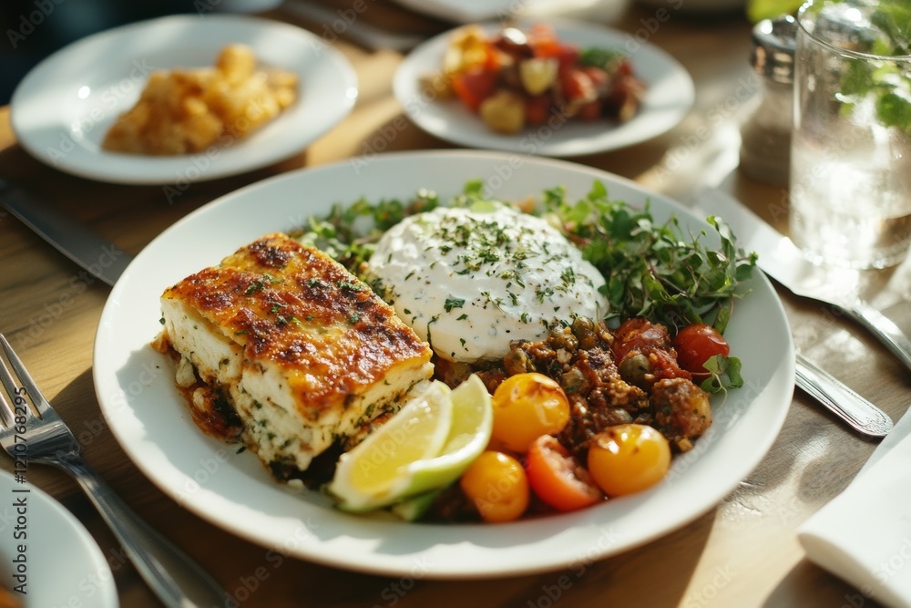 A delightful dish featuring a mix of baked lasagna, fresh greens, and juicy cherry tomatoes invites a warm, flavorful experience. A delightful dish featuring a mix of baked lasagna, fresh greens, and juicy cherry tomatoes invites a warm, flavorful experience.