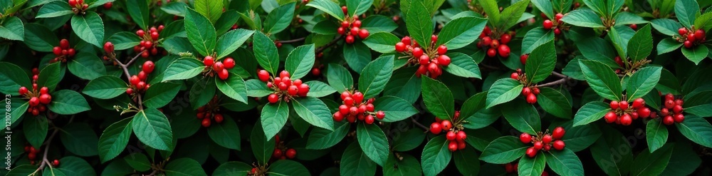 Fototapeta premium Overgrown bush with green leaves and red berries, overgrowth, foliage