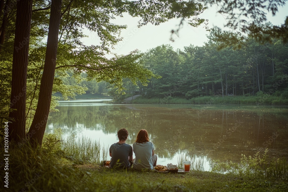 Friends on a picnic blanket by a picturesque lake, embraced by nature's tranquility, share a timeless moment under the gentle sun. Friends on a picnic blanket by a picturesque lake, embraced by nature's tranquility, share a timeless moment under the gentle sun.