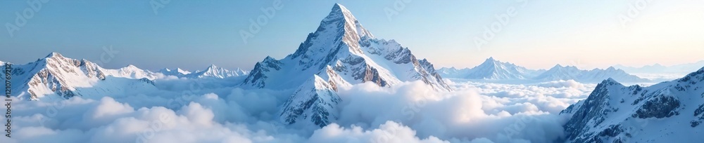 Obraz premium Snowy peak ascends majestically above misty veil, Snow capped peaks, Alpine landscape, Cold climate