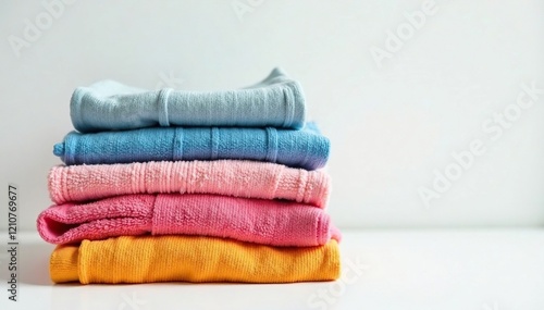 Freshly washed clothes folded on a white background, colors, cleanliness, freshness