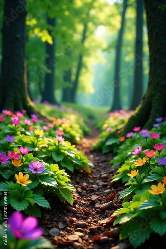 Forest floor carpeted with colorful wildflowers and leaves, forest floor, scene