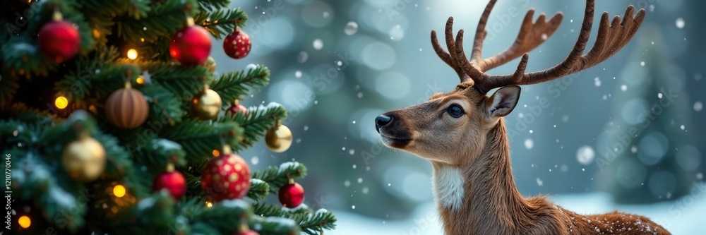 A reindeer looks up at the top of a decorated Christmas tree, winter, greenery, wooden ornaments A reindeer looks up at the top of a decorated Christmas tree, winter, greenery, wooden ornaments