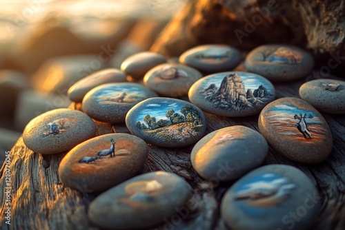 Smooth stones adorned with miniature paintings lie on weathered wood, each depicting serene landscapes, offering a touch of nature's artistry. photo