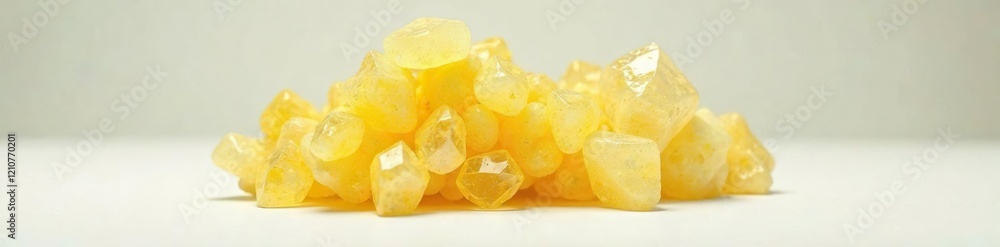 Crystalline calcite yellow mineral isolated on white surface, , inorganic compound, formation Crystalline calcite yellow mineral isolated on white surface, , inorganic compound, formation