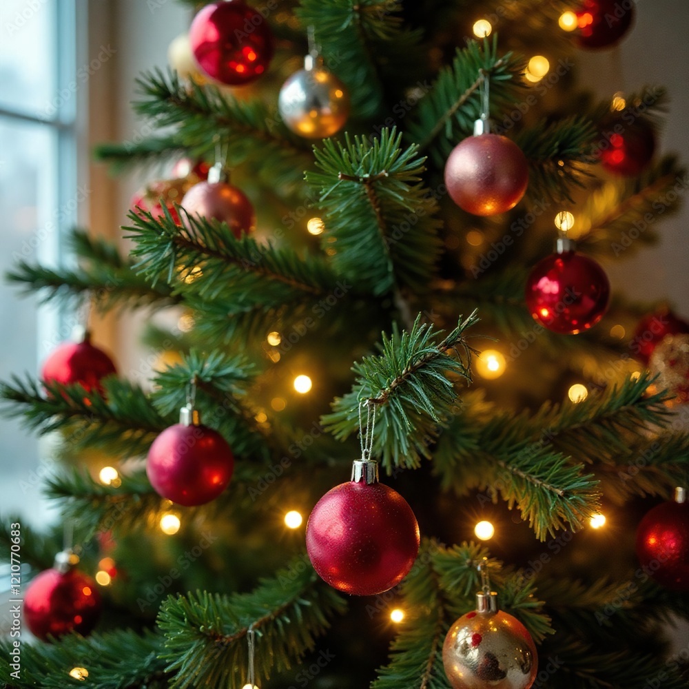 Twinkling lights and ornaments transform an evergreen tree into a festive centerpiece, branch decorations, whimsical decor, natural elements Twinkling lights and ornaments transform an evergreen tree into a festive centerpiece, branch decorations, whimsical decor, natural elements