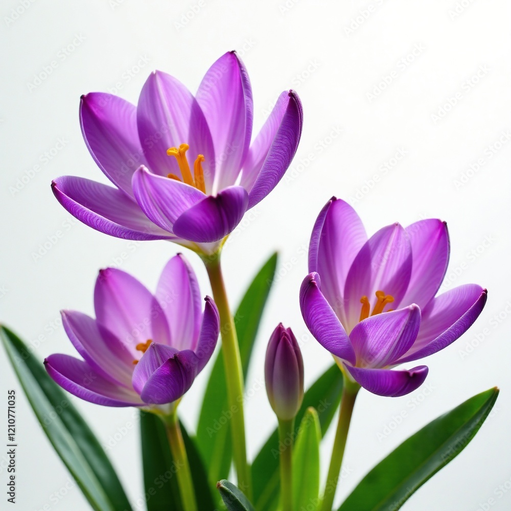 Delicate purple petals unfolding on a crisp white background, garden, wildflowers Delicate purple petals unfolding on a crisp white background, garden, wildflowers
