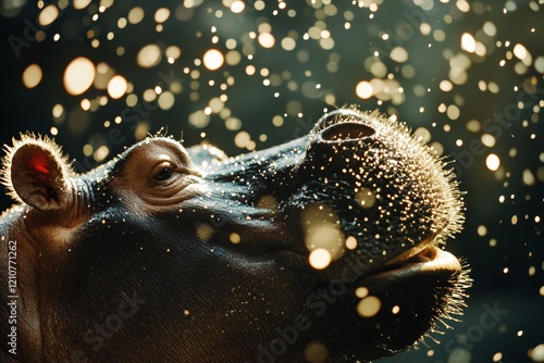 A hippo joyfully splashes in bright, shimmering water droplets lit by the sun, embodying playful exuberance and natural beauty. photo