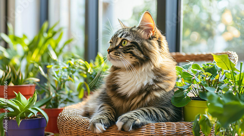 A fluffy tabby cat sitting on a wicker chair surrounded by vibrant potted plants, bathed in natural sunlight filtering through large windows. photo