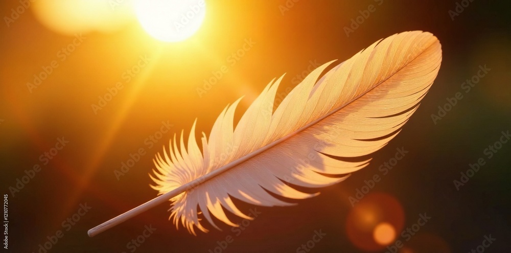 Naklejka premium A feather radiating a soft warm light in the sun, glowing feather, natural beam