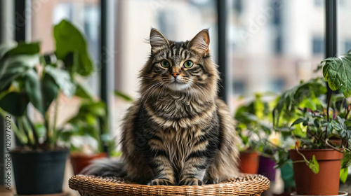 A fluffy tabby cat sitting on a wicker chair surrounded by vibrant potted plants, bathed in natural sunlight filtering through large windows. photo