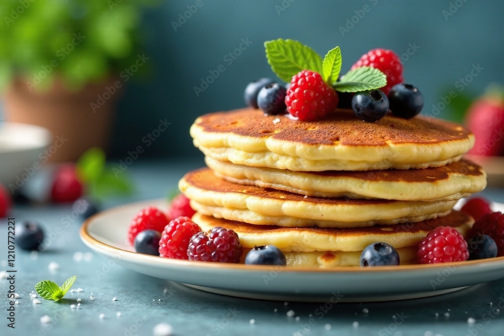 Fresh mint and juicy berries add a refreshing touch to the stack of fluffy pancakes, pancakes, decor Fresh mint and juicy berries add a refreshing touch to the stack of fluffy pancakes, pancakes, decor