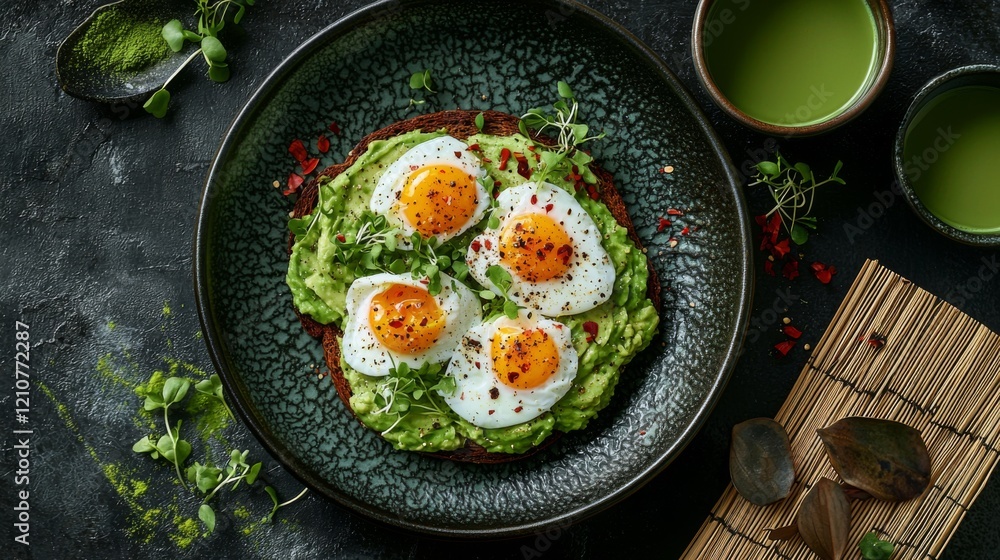 Avocado toast with poached eggs chili flakes matcha tea Avocado toast with poached eggs chili flakes matcha tea