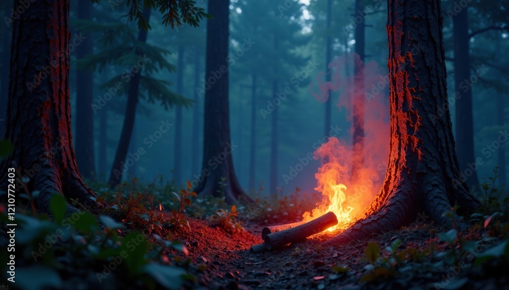 Fototapeta premium Embers glow in the darkness of a dense forest, glow, smoke
