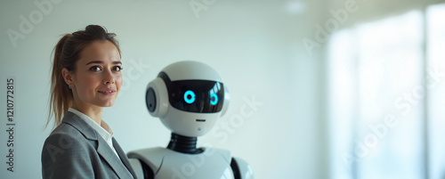 Confident Businesswoman with Humanoid Robot Facing Fears of Job Displacement in the Age of AI