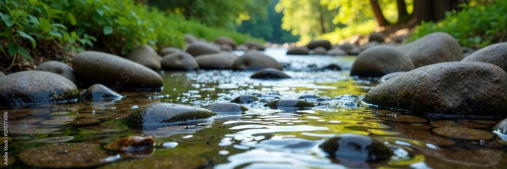 Fototapeta premium Shallow creek bed with flat stones and gentle ripples, scenery, peaceful, creek