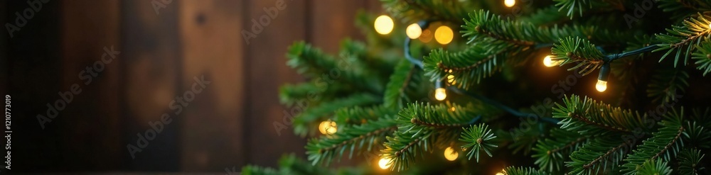 Fototapeta premium String lights adorn the branches of an evergreen tree, rustic charm, earthy decor