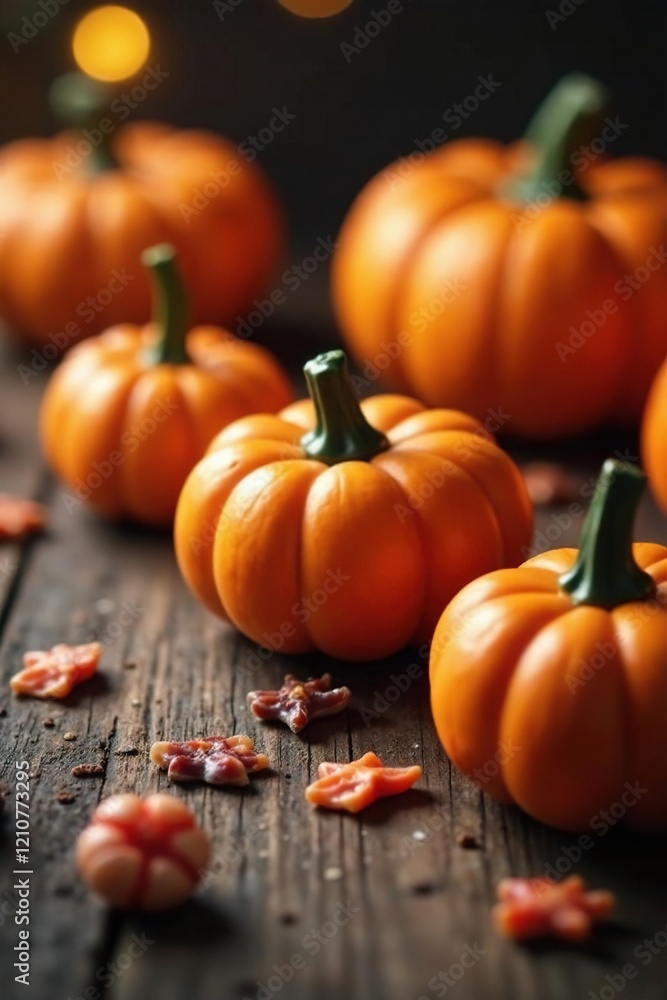 Candy pumpkins on a wooden table with other candies, sweets, festive, treats Candy pumpkins on a wooden table with other candies, sweets, festive, treats