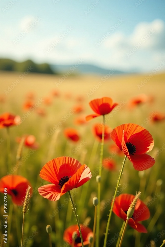Fototapeta premium Delicate red poppy flowers sway gently in the breeze amidst a sea of golden wheat, bloom, poppy field