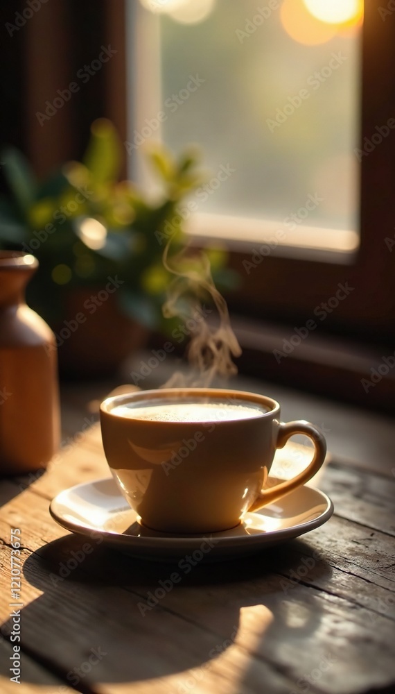 Steaming cup coffee on wooden table in cozy Bermeo morning light, table, coffee, morning Steaming cup coffee on wooden table in cozy Bermeo morning light, table, coffee, morning