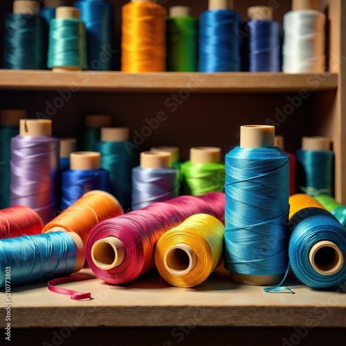A jumbled mass of threads and spools on a workbench, workspace, knotted, threads