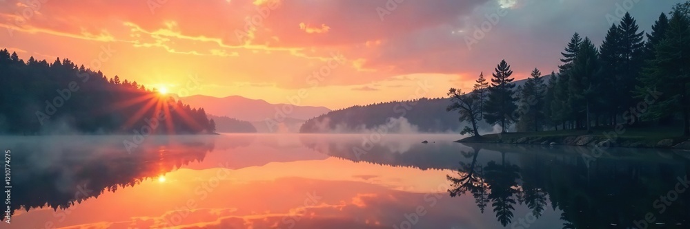 Fototapeta premium Softly focused lake at sunset with trees reflected, trees, light, landscape