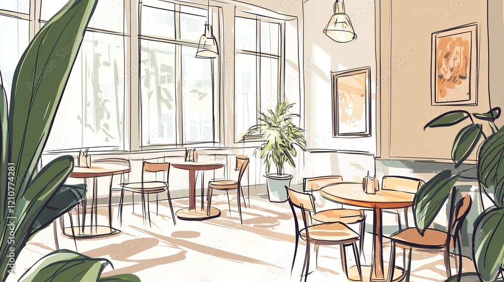 Obraz premium hand-drawn illustration of a cafe interior with sunlight streaming through windows, cozy and warm, pastel palette