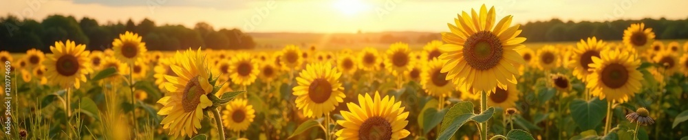 Obraz premium Tall grass and wildflowers surround the sunflowers in the golden light, landscape, rustic charm, sunflower field