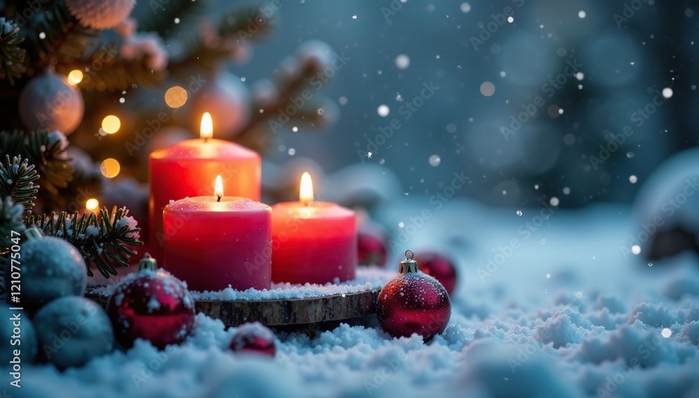 Aromatic candles and soft lighting amidst a frosty Christmas wonderland, lights, winter, snow Aromatic candles and soft lighting amidst a frosty Christmas wonderland, lights, winter, snow