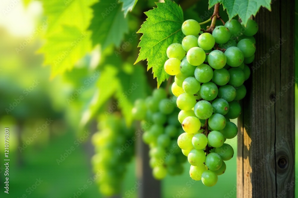 Bunches of green grapes hang from a wooden arbor covered with morning dew, wooden, green, dewy