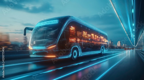 Futuristic electric bus speeding on a highway at night, city skyline in background. photo