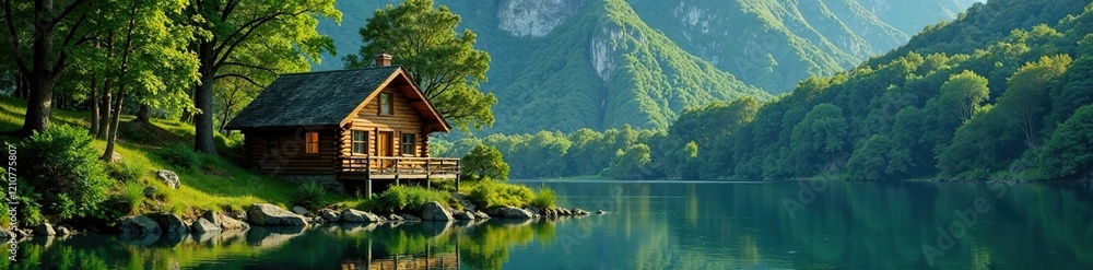Secluded cabin amidst lush greenery at lakefront, peaceful, cabin, water Secluded cabin amidst lush greenery at lakefront, peaceful, cabin, water