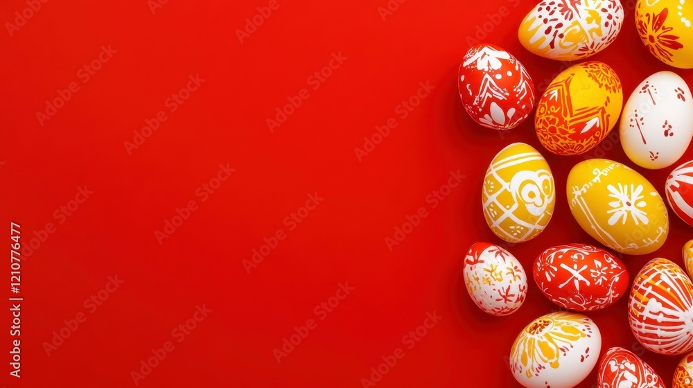 A collection of decorative Easter eggs in red, orange, and white on a bright red background. Concept: Easter, tradition, celebration
A collection of decorative Easter eggs in red, orange, and white on a bright red background. Concept: Easter, tradition, celebration