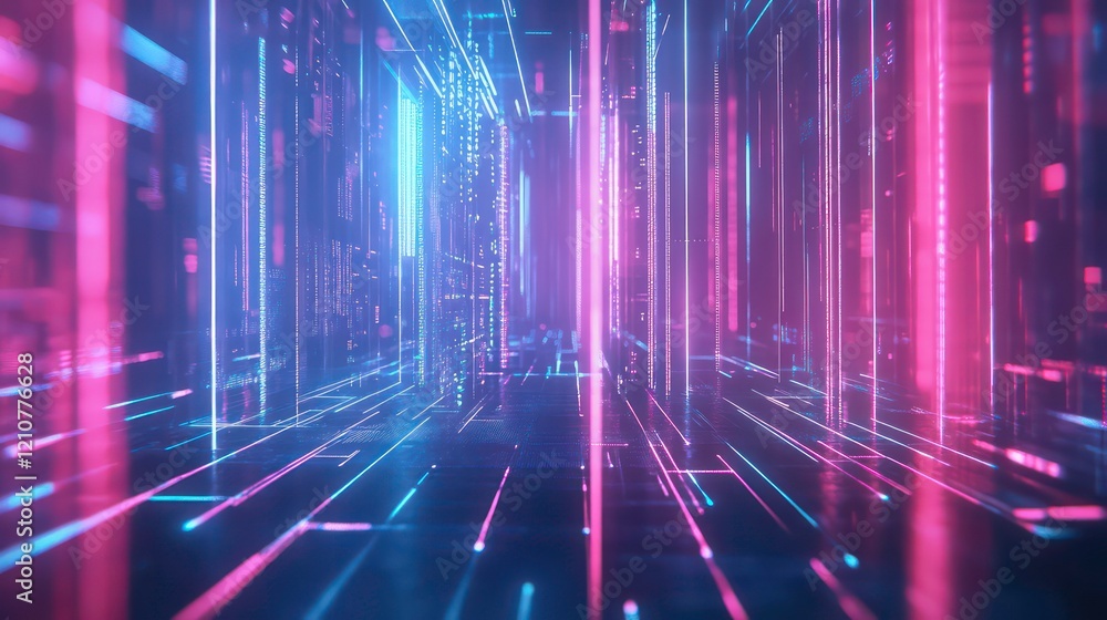 Abstract digital corridor with glowing pink and blue neon lines.